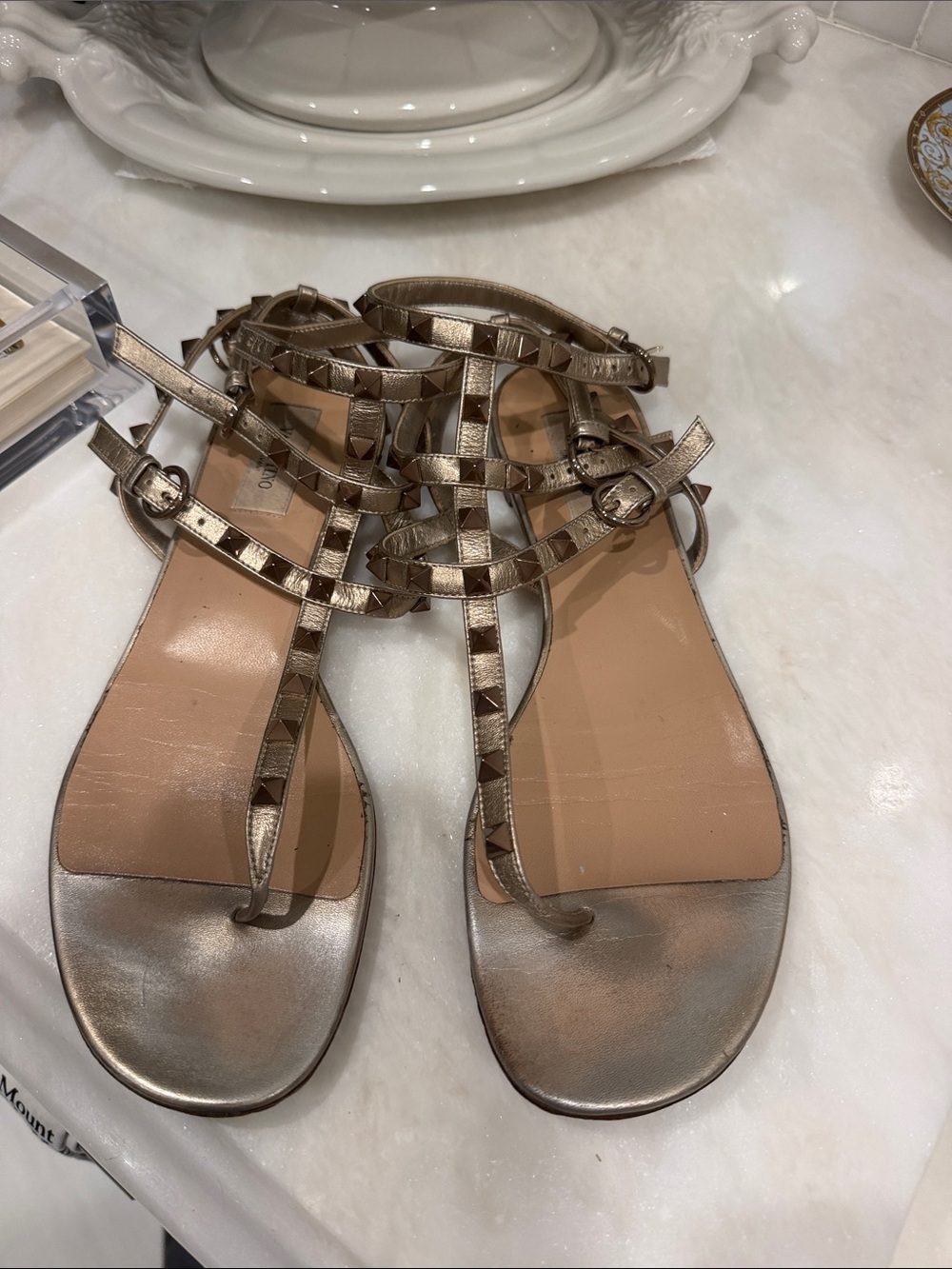 Valentino Garavani Metallic Gold Rockstud T-Strap Sandals